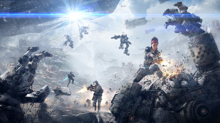 Soldiers and mechs in a battle from Titanfall