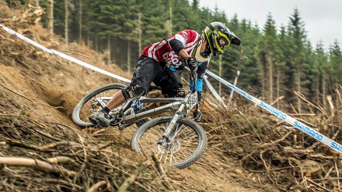 Mountain biker racing downhill through a forest course
