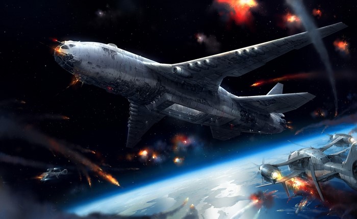 Space battle above Earth with large spaceship