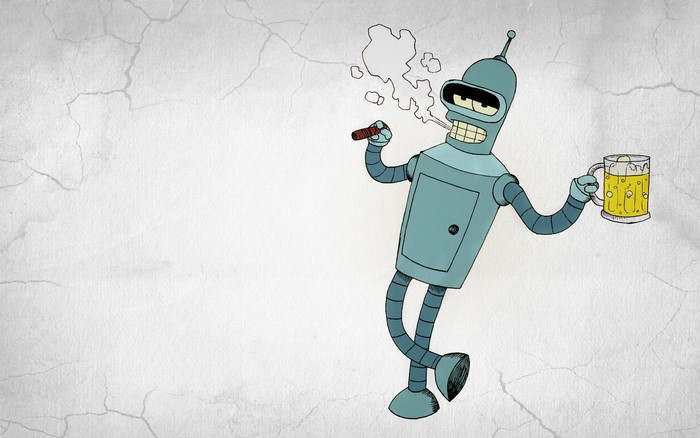 Bender from Futurama smoking and drinking beer