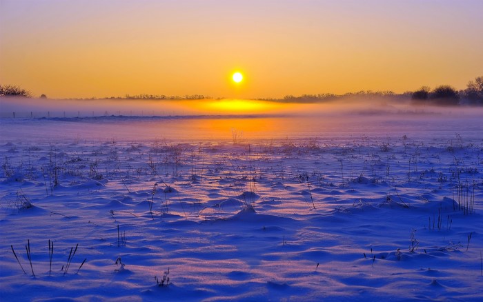 Winter sunrise over a snowy field with fog