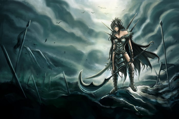 Warrior with scythe and armor in a battlefield