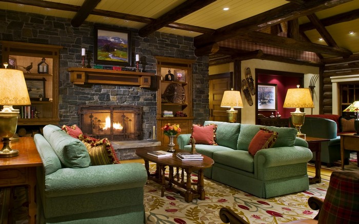 Cozy living room with fireplace and sofas
