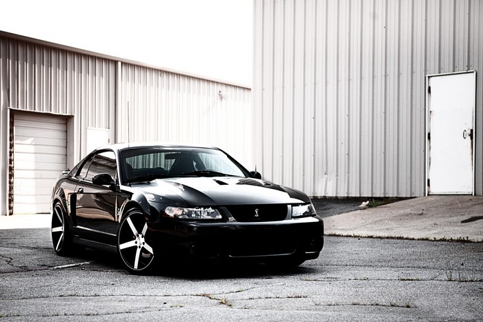 Black Ford Mustang parked outside a building