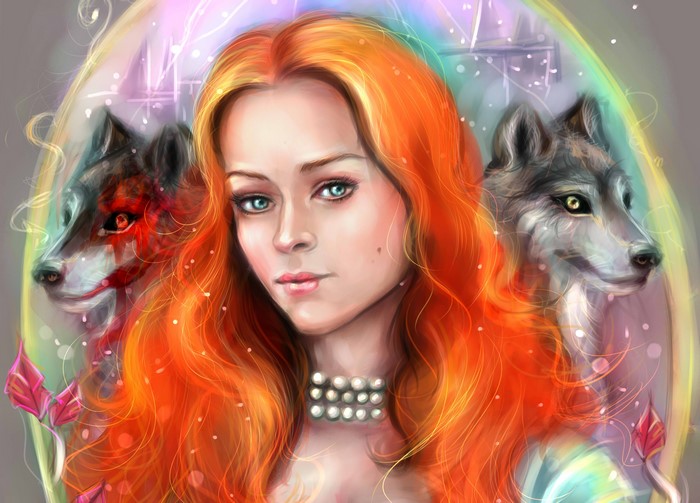 Redhead girl with wolves