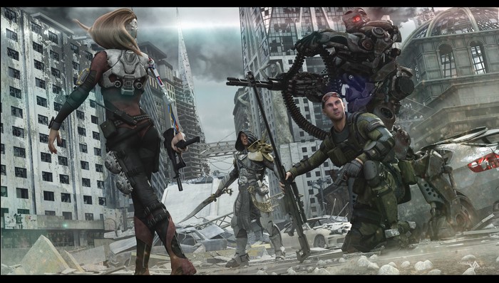 Warriors and robot in a destroyed city