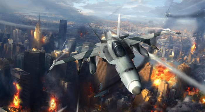 Fighter jet in a city during an aerial battle