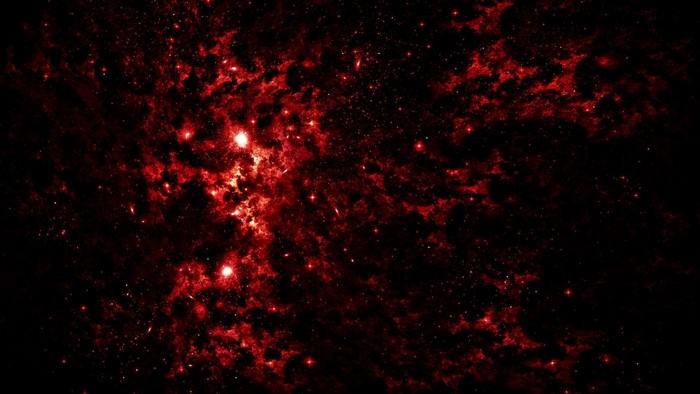 Red nebulae and stars in deep space