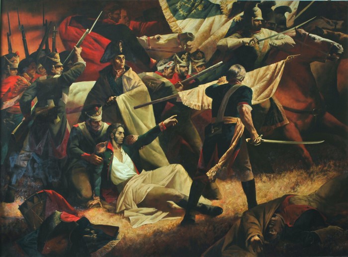 Battle Scene with Wounded Soldier and Flag