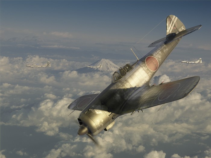 Japanese Fighter Airplane and Bombers over Clouds with Mount Fuji