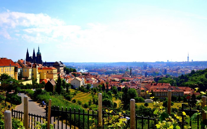 Prague cityscape with St. Vitus Cathedral and Vltava River