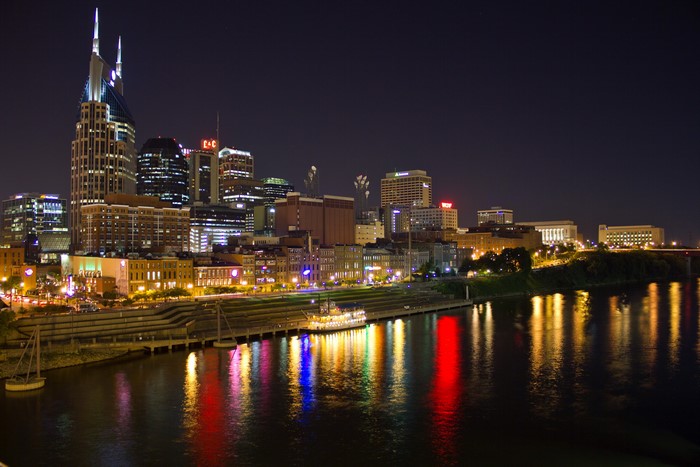 Nashville skyline at night with river