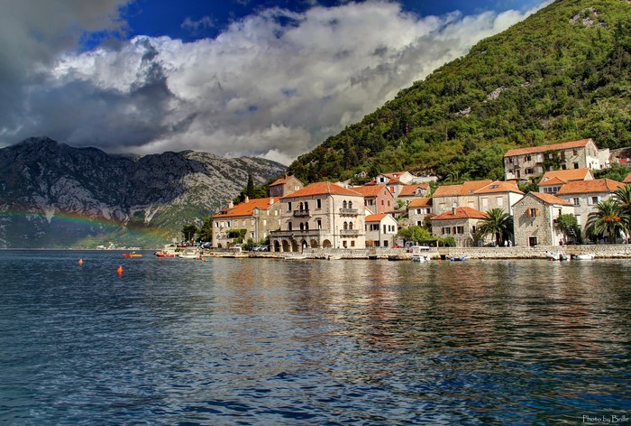 Perast, Montenegro Coastline with Mountains and Rainbow