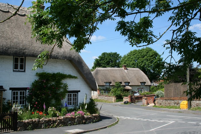 Thatched cottages on a village street in Ashbury, Oxfordshire, England