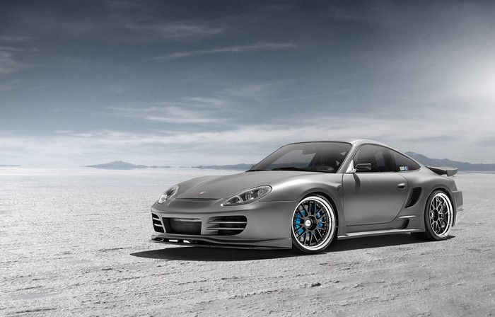 Silvery Porsche 911 Turbo S on a Salt Flat