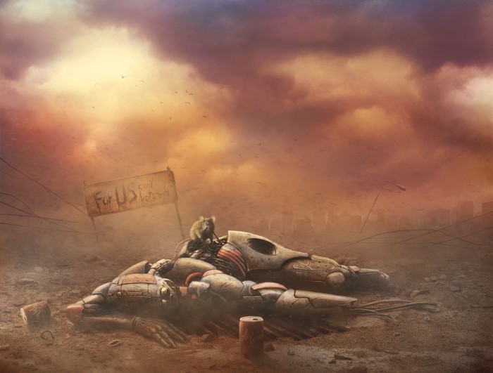 Apocalyptic scene with a dead robot and rats