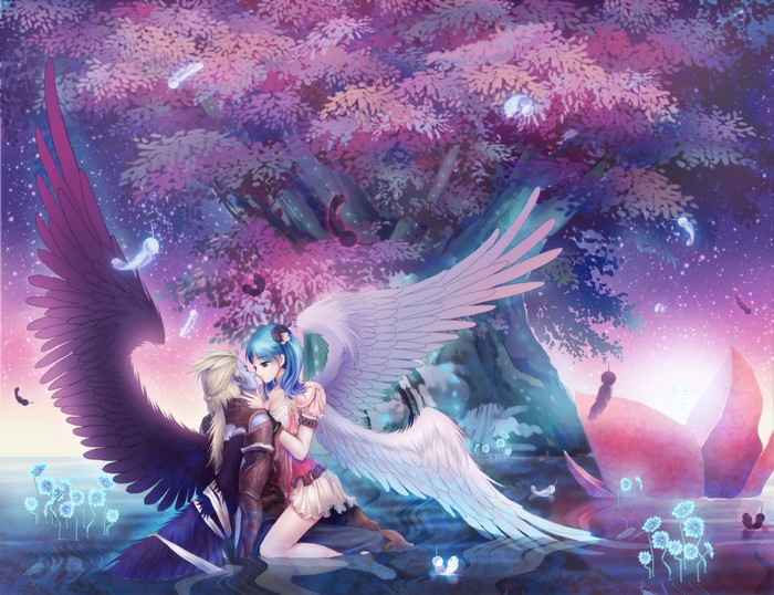 Angels embracing under a magical tree