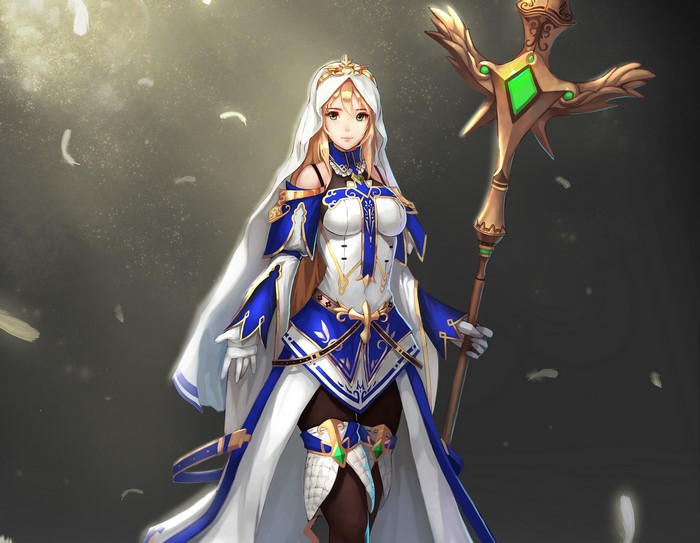 Woman in white and blue dress holding a mage staff