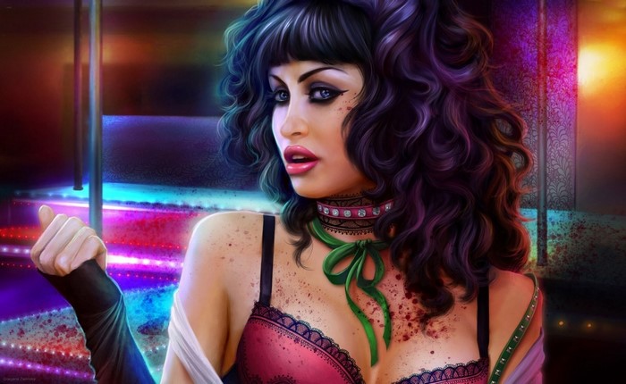 Brunette girl with blood splatters and a choker