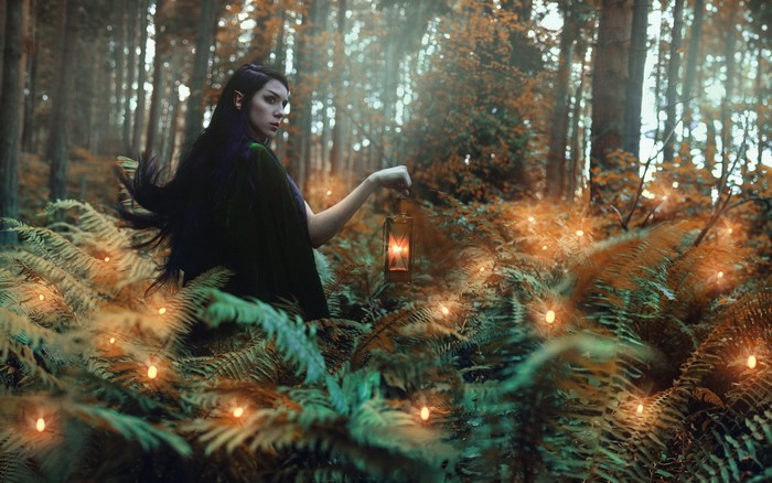 Elf woman holding lantern in a magical forest