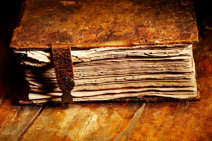 Old leather-bound book with strap