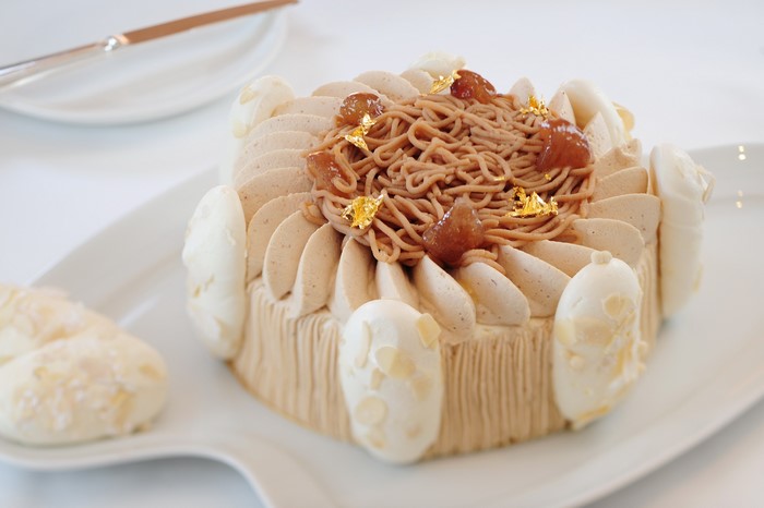 Chestnut Mont Blanc cake with meringue and gold leaf