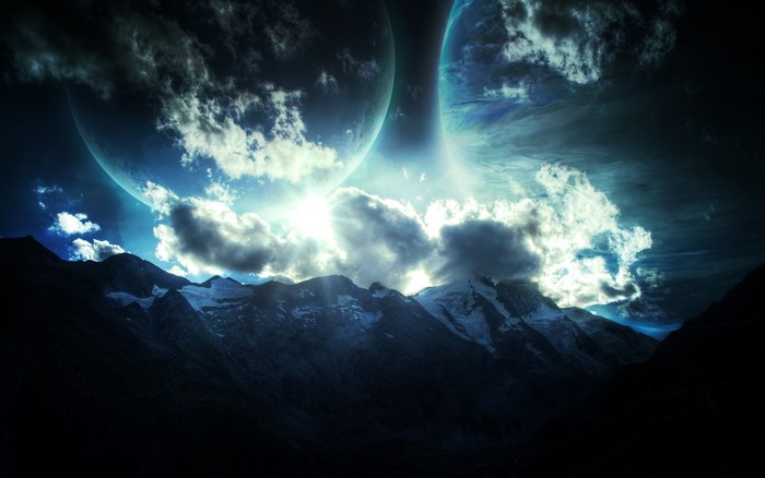 4K Planets Over Snowy Mountains and Clouds