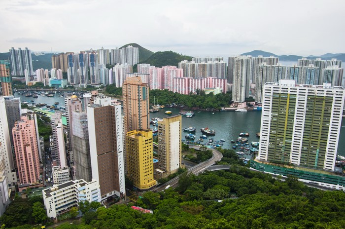 Hong Kong cityscape with skyscrapers and harbor