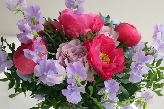 Bouquet of Peonies, Roses, and Sweet Peas