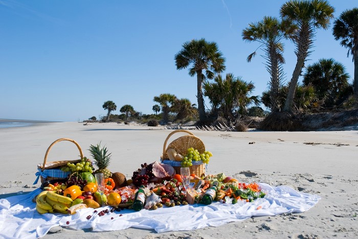 Picnic on a sandy beach with palm trees