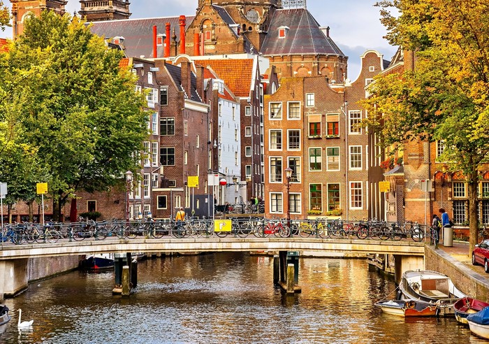 Amsterdam Canal with Bridge and Houses