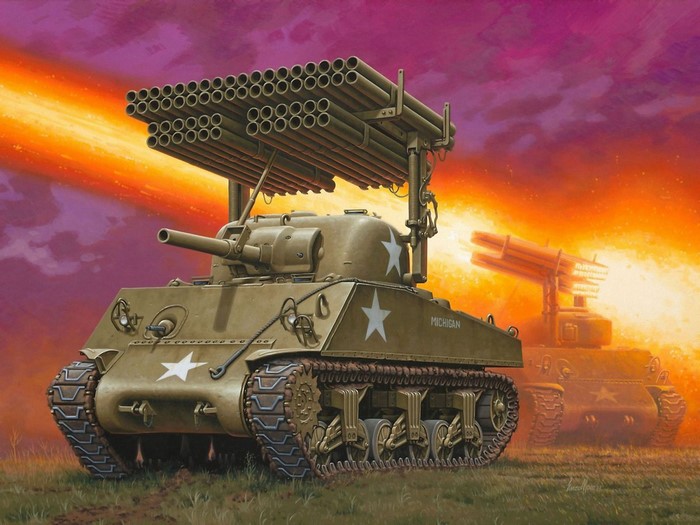 M4A3 Sherman tanks firing rockets