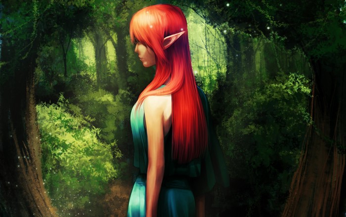Redhead elf girl in a green dress in a forest
