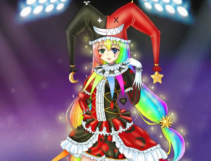 Jester girl with rainbow hair and costume