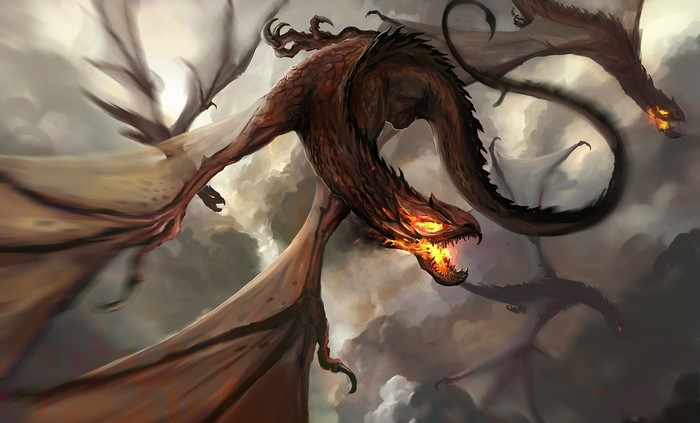 Multiple dragons flying through clouds, breathing fire
