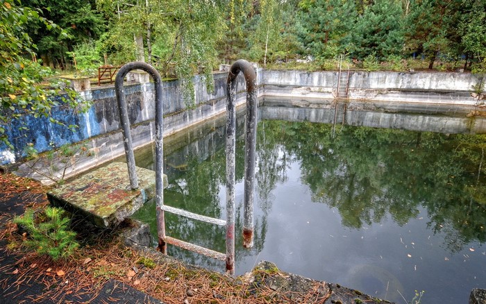 Abandoned concrete swimming pool with metal ladder
