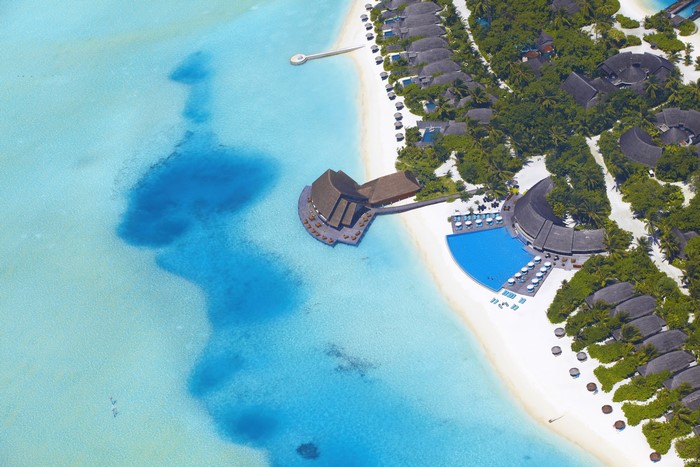 Aerial view of a tropical resort in the Maldives