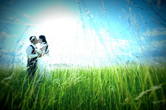 Bride and Groom kissing in a grassy field