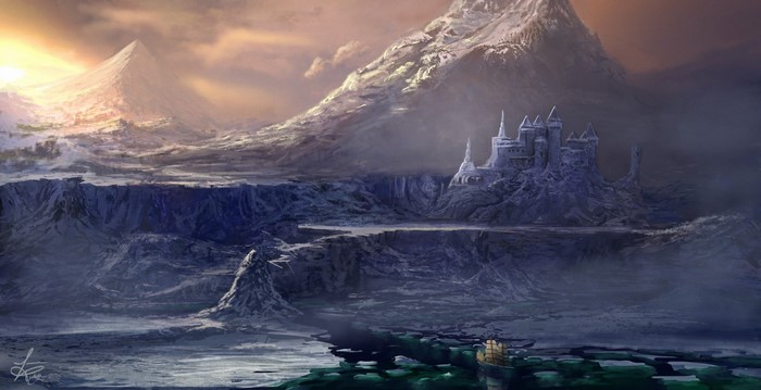 Fantasy castle on a snowy mountain landscape