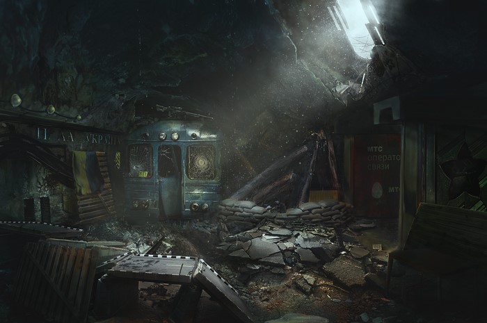 Ruined Metro Station with Train and Sandbags