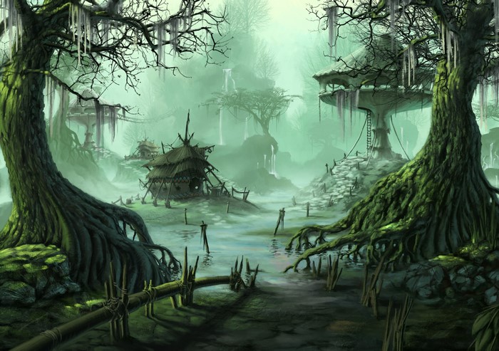 Swamp village with stilt houses and large trees