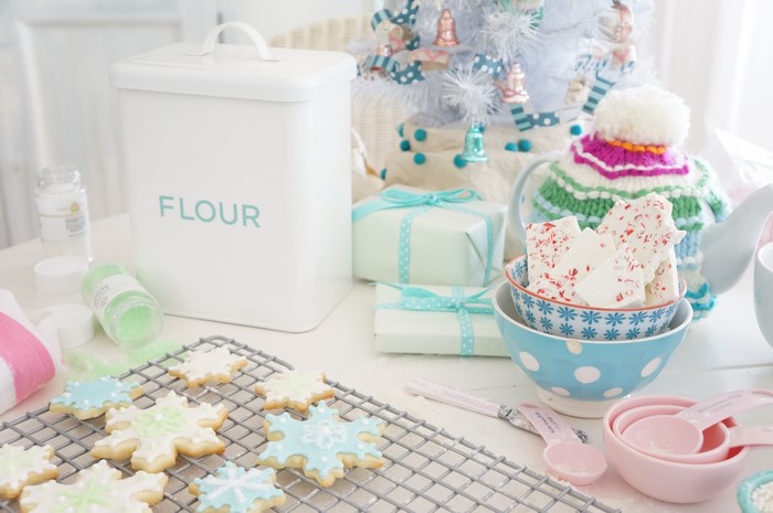 Christmas Baking with Snowflake Cookies and Gifts