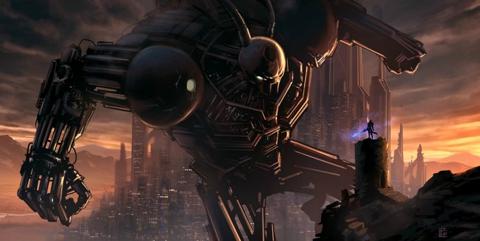 Giant Robot Warrior in Futuristic Cityscape