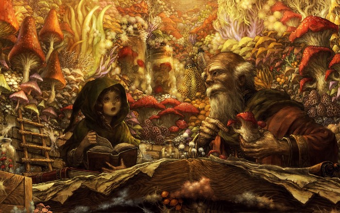Old man and child in a mushroom forest