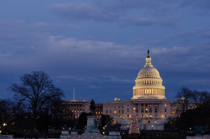 Washington US Capitol Building at Dusk with Christmas Tree