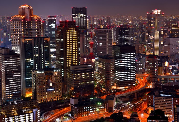 Osaka skyscrapers at night, Japan