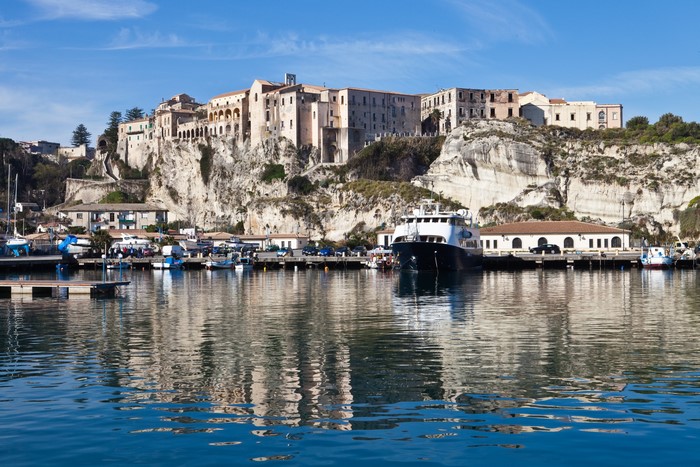 Tropea, Italy Coastline with Marina and Buildings