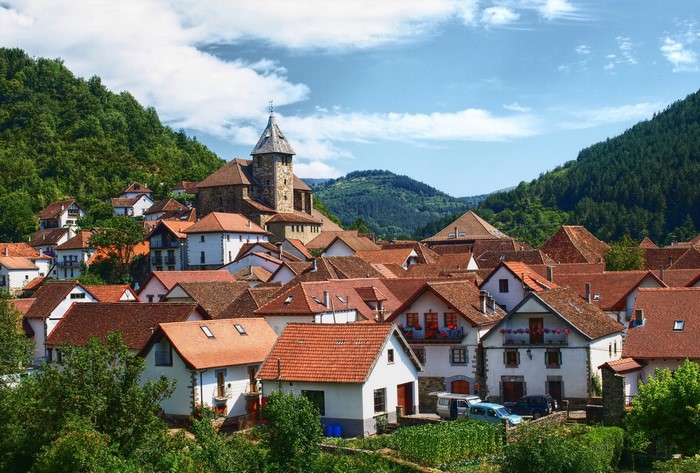 Village with church in Navarra, Spain