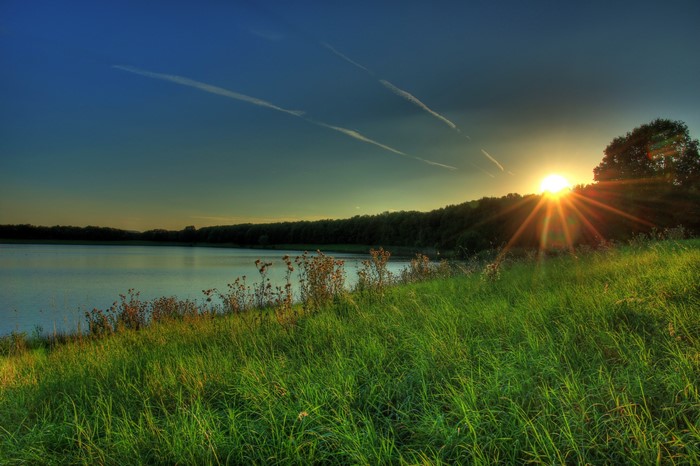 Sunset Over Grass at Hungen River, Germany