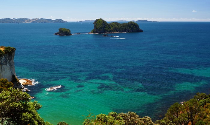 Cathedral Cove, New Zealand Coastline with Islands